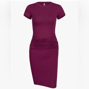 Purple Bodycon Ruched Short Sleeve Shirt Midi Dress